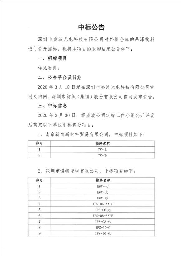 盛波公司中標(biāo)公告-老坑倉庫物料