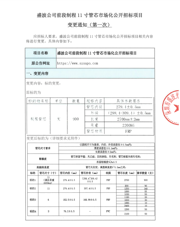 關(guān)于盛波公司前段制程11寸管芯市場化公開招標(biāo)項(xiàng)目變更澄清函